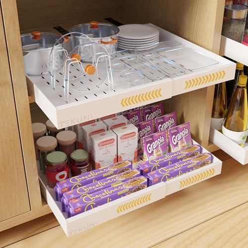 2 Pack Expandable Pull Out Cabinet Organizer with Bonus Items – Heavy-Duty 3-Rail Sliding Storage Rack for Kitchen, Pantry & Bathroom – Adjustable Width (12.5” to 20.5”), Drill-Free or Screw Mounting