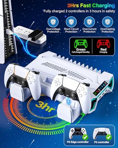 PS5 Cooling Station with Controller Charging Station for PlayStation 5/Slim/Pro Console, PS5 Cooling Stand with Controller Charger - LED Sunglass Design, Turbo Fan, Headset Holder, 3 USB Hub, White - 2