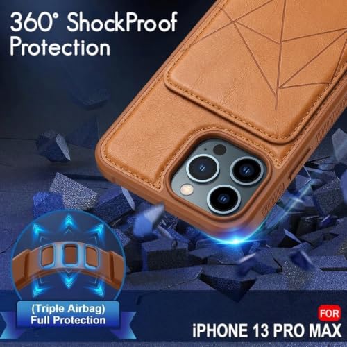 Image of amazon basics Premium Vegan Leather Back Cover with Card Holder and Integrated Mobile Stand for iPhone 13 Pro Max - Slim Shockproof Wallet Case with Geometric Stitching [Tan]