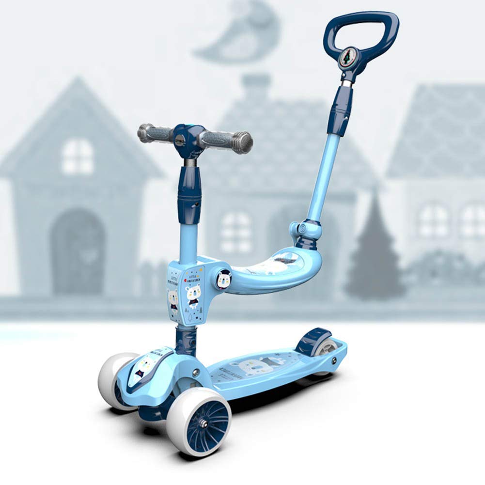 Kyman Light Weight Scooter, Height-Adjustable 5 -in-1 Urban Scooter with LED Light Up Wheels for Boys/Girls/Children/Kids - Removable & Adjustable Seat (Color : Blue)