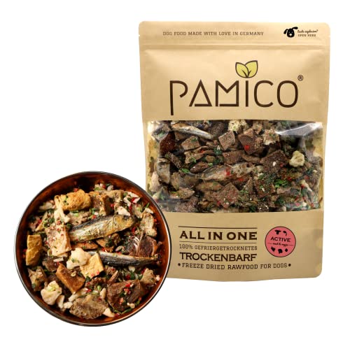 PAMICO Trockenbarf All in One Active mit Rind, Fisch, Spinat, Blumenkohl und Erdbeere 500g - 100% gefriergetrocknet, Barf Hundefutter ohne Zusätze getreidefrei