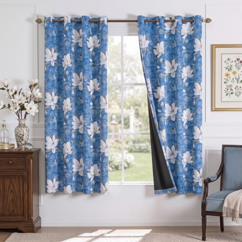 Image of MYSKY HOME Floral 95% Blackout Curtains 63 Inch Length 2 Panels Dusty Blue