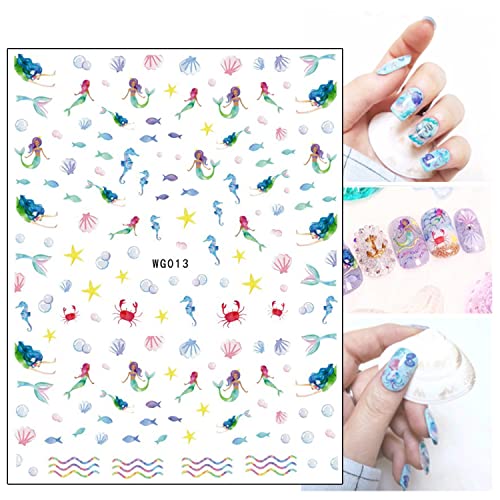 Marine Animal Nail Art Stickers, 3D Little Animal Self-Adhesive Sticker Cartoon Halobios Nail Art Decals, Mermaid Fish Starfish Jellyfish Shell Nail Decal Design For Women Manicure Beach Decorations #TOP4