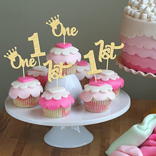 24Pcs 1St Birthday Cupcake Toppers Glitter First Birthday One Cupcake Picks For Baby Shower 1St Birthday Party Cake Decorations Supplies Gold #TOP3