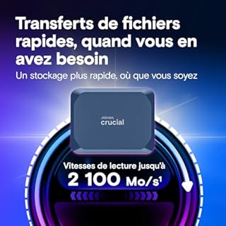 Crucial X10 2To Disque SSD Externe Portable, Jusqu’à 2100Mo/s, USB-C 3.2 Gen2, Résistance à la poussière et à l'eau classée IP65, Disque Dur Externe, Bleu Mat - CT2000X10SSD9-02
