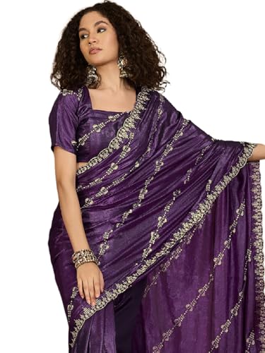 Image of SIRIL Women's Shimmer Georgette Embroidery Scalloped Border Saree with Unstitched Blouse Piece