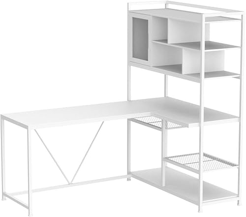 Miniatura 4 de SEDETA Escritorio para computadora en forma de L, escritorio de oficina de 58 pulgadas con luz LED y estantería, escritorio de esquina en forma de L