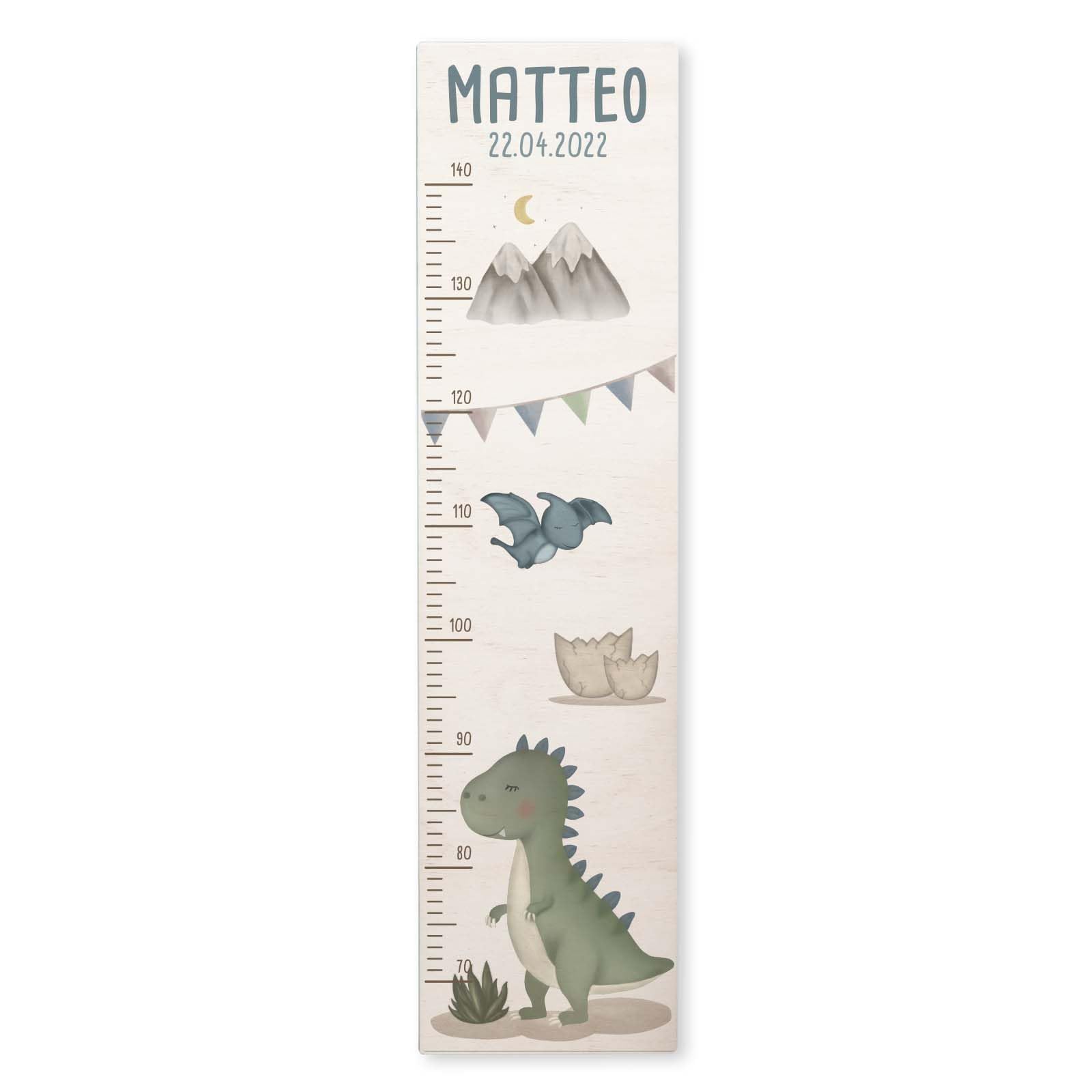 Personalisierte Messlatte für Kinder mit buntem Wunschdruck - 70-140 cm - Größenmesser Kinderzimmer aus Holz - Wand Dekoration Messleiste Kind - Personalisiertes Geschenk Baby- hellomini (T-Rex)