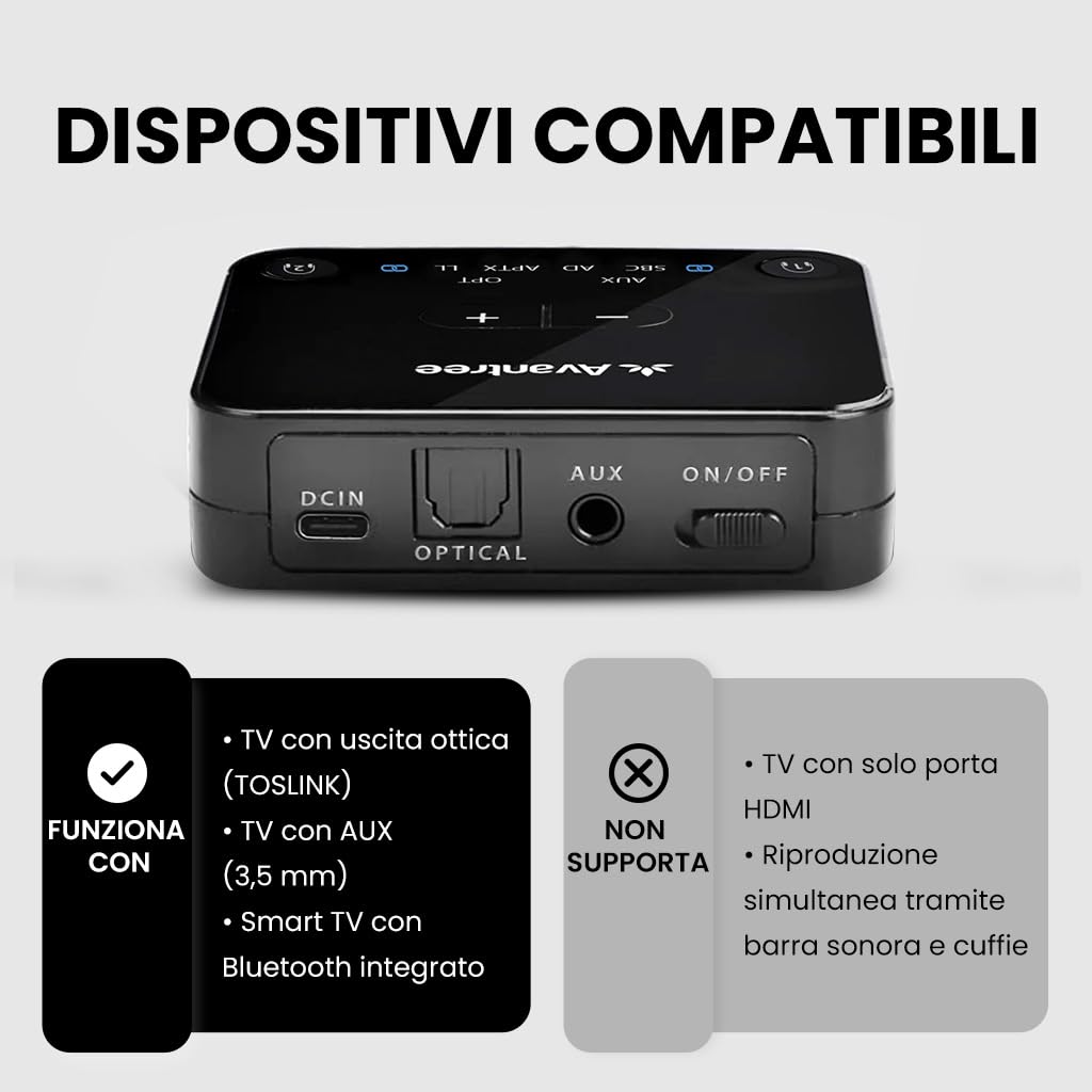 Avantree HT41899 Plus 2 - Cuffie wireless Dual Bluetooth 5.3 per TV con trasmettitore e dock di ricarica, 50 ore di autonomia, aptX Adaptive compatibili con TV (Opt o AUX Out)