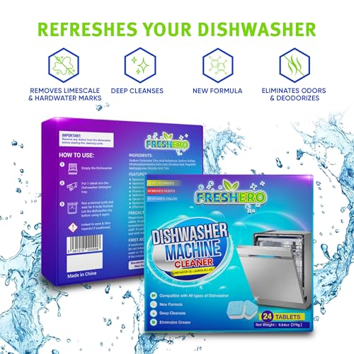 Freshero Dishwasher Cleaner and Deodorizer Tablets 24-Pack, Deep Cleaning Descaler for Dishwasher Machine, Heavy Duty, Septic Safe, Removes Grimes, Grease and Build-ups, 1 year of Cleaning Supplies - Thumbnail 4