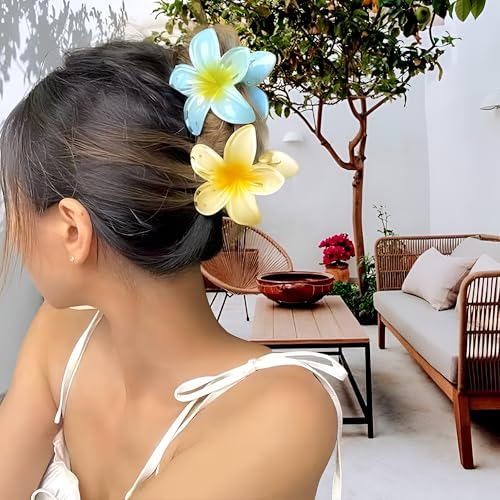 Image of PACTIV 3Pcs Elegant Hawaiian Flower Hair Claw Clips - Large, Non-Slip, Strong Hold For Thick & Thin Hair - Vintage Style Flower Clips For Women, multi
