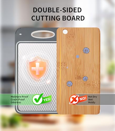 Cozary Doppelseitiges Schneidebrett, Edelstahl-Schneidebrett für die Küche, lebensmittelechter 304-Edelstahl und Weizenstroh, Cutting Board für Fleisch, Brot, Gemüse & Obst(35x24cm)