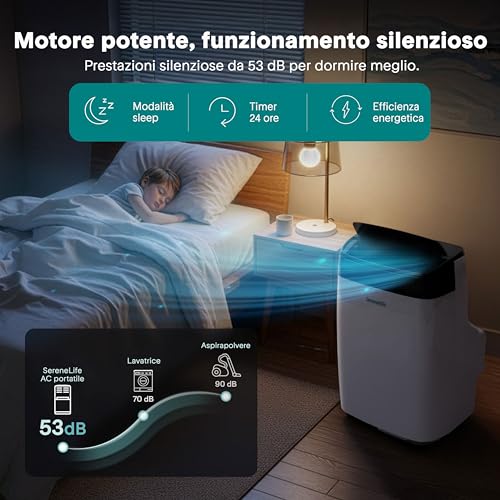 SereneLife Tragbares Klimagerät 3-in-1, eingebauter Luftentfeuchter, Ventilator, Fernbedienung, Fenster-Abfluss-Set, 9.000 BTU, Klasse A-7