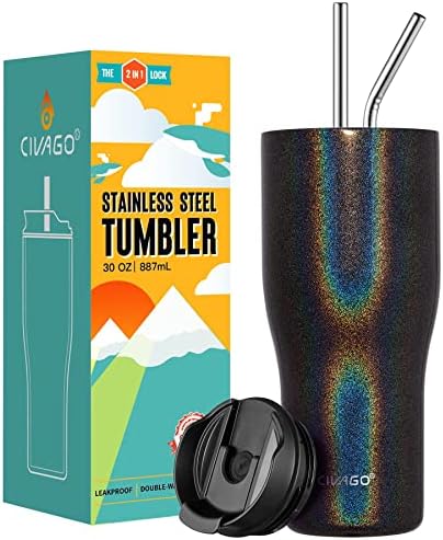 CIVAGO 30 oz Insulated Tumbler with Straw and Lid, Stainless Steel Travel Coffee Mug Cup, Double Wall Vacuum Water Bottle, Black Glitter