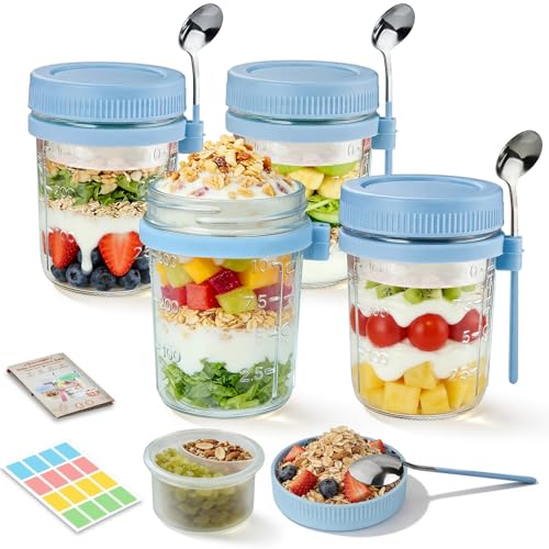 Image of 4 Pack Overnight Oats Containers with Lids and Spoons - 16 oz Glass Mason Jars with Dressing Cup, Over night Oat Jars for Meal Prep, Yogurt Parfait Cup for Chia Seed Salad (Blue)