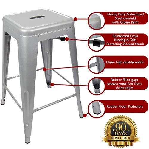 Urbanmod 24 Inches Metal Barstool Set Of 4 – Counter Height Backless Bar Stool For Kitchen Island, Breakfast, Outdoors, Pub, Restaurant, Home, Patio – Stackable Heavy Duty Modern & Industrial (Silver) #TOP1