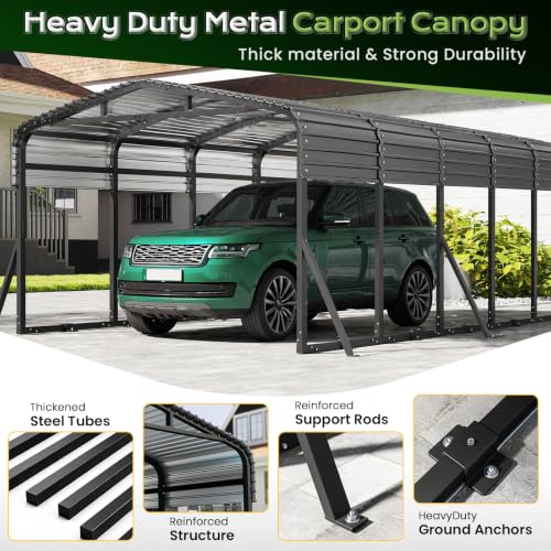 Image of Jocoevol 12x25FT Metal Carport, Heavy Duty Car Garage for Car, Boats Truck | Reinforced Support Rods and Windproof Ground Anchors, All-Weather Multi-Use Outdoor Shelter Outdoor Storage Canopy