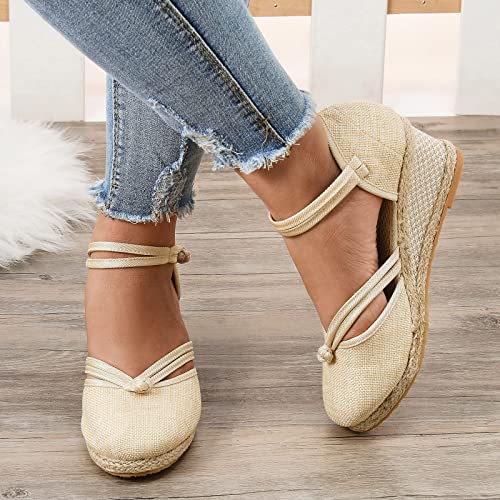 Womenyiaor Sandals for Women Dressy Summer, Women's Ankle Strap Closed Toe Espadrille Wedge Sandals Dressy Platform Wedge Sandals Casual Shoes (a-Beige, 8.5)