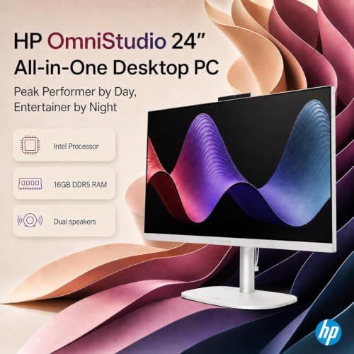 Image of HP OmniStudio 24 inch Full HD All-in-OneDesktop Computer, 16GB DDR5 RAM, Intel Quad-Cores, 512GB Exernal and 128GB UFS Storage, WiFi6, Keyboard & Mouse, Windows 11