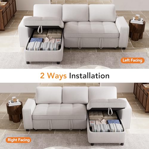Image of Vipbear 81 inch Modular Sectional Sleeper Sofa with Pull Out Bed, L Shaped Couch with Reclining Backrest, Reversible Storage Chaise, USB Ports, Tool-Free Assembly, Chenille Beige