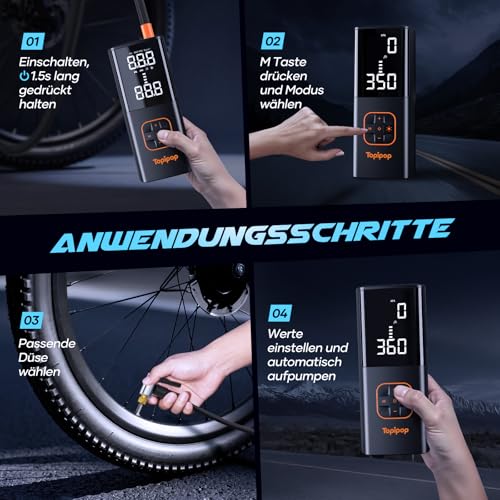 Topipop Elektrische Luftpumpe, 150 PSI Akku Kompressor für Auto/Fahrrad/E-Scooter/Motorrad/Bälle, Tragbare elektrische Fahrradpumpe mit 4 Modi, Inkl. Powerbank und Notlicht(Schwarz)