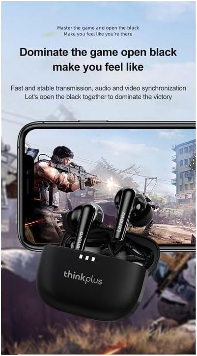 Lenovo Thinkplus LP3 Pro black earbuds next to a smartphone displaying a game, highlighting low latency for gaming.