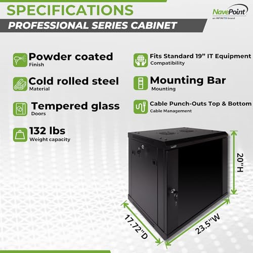 Image of NavePoint 9U Server Rack Enclosure - 17.7 inch Deep, Wall Mount Network Cabinet with Locking Glass Door for 19 inch IT Equipment, Network Rack with 2 Fans, Removable Side Panels, Black