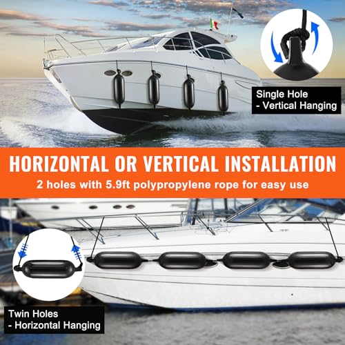 VEVOR Boat Fenders, 5.5" x 20" Boat Bumpers for Docking, Inflatable Ribbed Fender with Center Holes, Marine Boat Dock Fender Bumper with Air Pump, 4 Needles and 4 Ropes and Storage Bag, Black - image 5