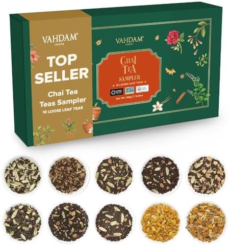 VAHDAM, Assorted Loose Leaf Chai Tea Sampler (10 Flavors, 50+ Servings) | Indian Exotic Masala Chai Tea Blends | Resealable Ziplock Pouch | Vacuum Sealed For Freshness