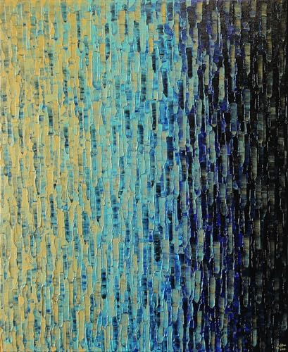 Tableau abstrait irisé or bleu 61x50 cm peint à l'acrylique au couteau