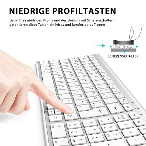 iClever Kabellos Tastatur, BK10 Bluetooth Tastatur Mac mit 3 Bluetooth Kanälen, Ultraslim wiederaufladbare QWERTZ Deutsche Keyboard, Funk Tastatur für iOS, Android, Windows, Weiß – Bild 5