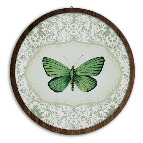 BIWSHA Vintage Butterfly Wall Art Decor, Antique Cottagecore Green Butterfly Moth Insect Floral Round Wooden Wall Hanging Decor for Home Bedroom Living Room Bathroom Gallery, 10 Inch Diamete