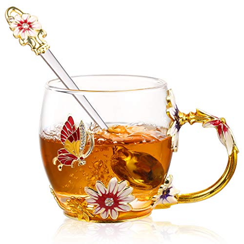 Taza Cristal Flor de Mariposa, Tazas de Café de Vidrio 3D con Idea de Cuchara para el Cumpleaños del Día de la Madre Día de San Valentín para las Mujeres Esposa Mamá Su Abuela Cover