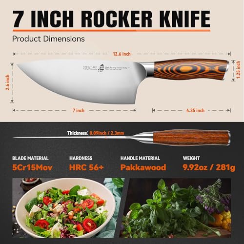 Image of TUO Rocker Knife, 7 inch Salad Chopper Chef Knife for Herb Rocking and Veggie Chopping, Vegetable Cleaver in High Carbon Steel with Ergonomic Handle - Fiery Phoenix Series