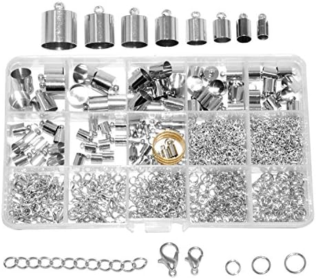 Cord End Cap for Jewelry Making, Kumihimo End Cap Finding Kit for Leather, Tassels; Silver Assorted Sizes 840 PCs by Mandala Crafts