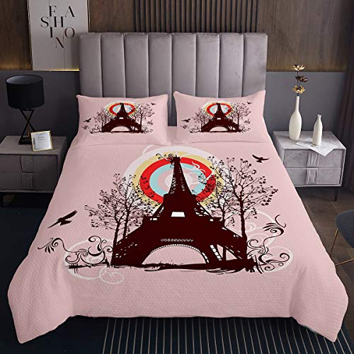 Juego de colcha acolchada con diseño de la Torre Eiffel, diseño de la torre Eiffel, para niños, adolescentes, diseño de la Torre Eiffel, romántico, francés, paisaje urbano, decoración de dormitorio,