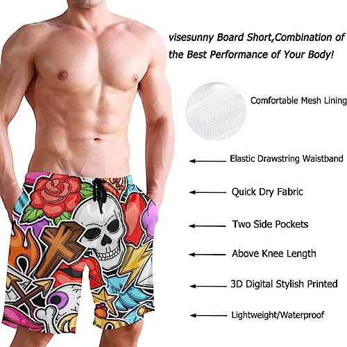visesunny Men's Swim Trunks Retro Tattoo Skull Cartoon Old School Quick Dry Bathing Suits Beach Holiday Party Swim Shorts2