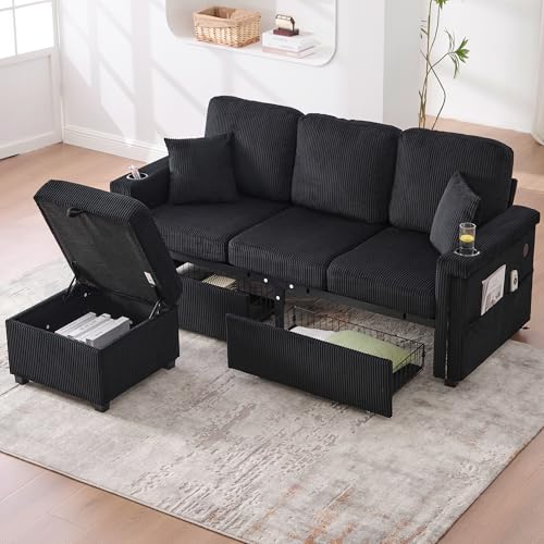 Sapgaks Canapé d'angle Moderne en Velours avec éclairage LED,Port USB&Type-C,2 tiroirs,Repose-Pieds de Rangement,Porte-gobelets Pratiques et Poches...
