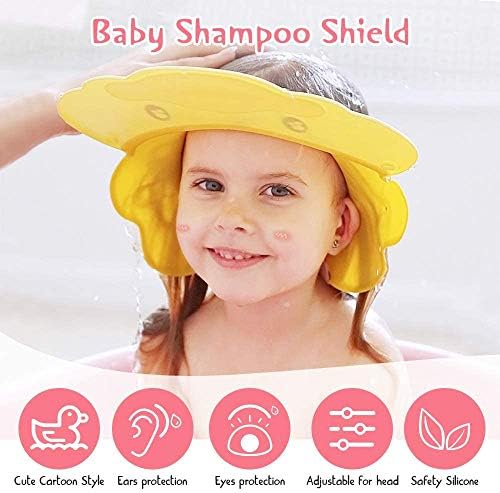Shower Cap for Kids, Hair Washing Shampoo Shield for Eyes Ears and Face Adjustable Baby Bath Visor Silicone Water Guard Hats for Toddlers,Infant Over 6 Month Cute Yellow Duck
