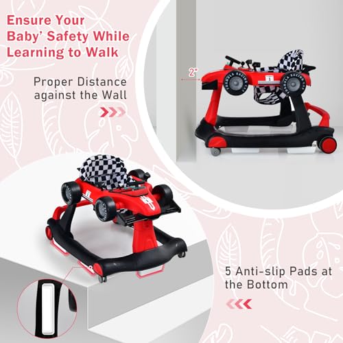 Image of GLACER Foldable Baby Walker, 4-in-1 Infant Walker with Adjustable Height & Speed, Music, Light, Steering Wheel & Washable Cushion, Baby Walker Activity Center for Boys Girls 6 -18 Months (Red)