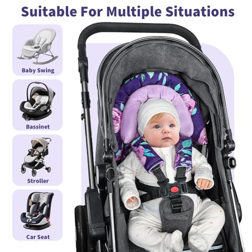 Image of Baby Car Seat Head Support with Extra Headrest, 2-in-1 Babybody Supports with Shoulder Pads Set for Newborn, Adjustable Infant Car Seat Insert Compatible with Stroller, Baby Swing (Purple Flower)
