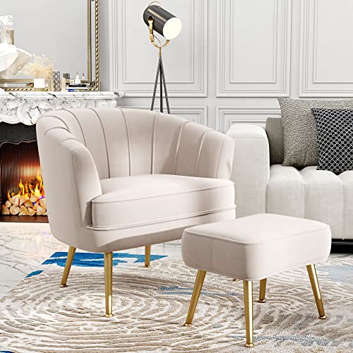 Image of Andeworld Velvet Accent Chair with Ottoman, Barrel Armchair, Beige | Velvet Upholstery Side Chair, Includes Ottoman, Golden Metal Legs, 350 Lb Capacity, Living Room Bedroom Office