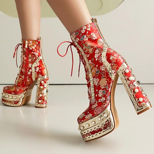 Feinlina Cowgirl Block Heel Ankle Platform Boots for Women Red Embroidered Fabric Gemstones Closed Toe Dress Wedding Party Booties4