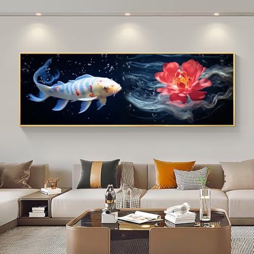 Peinture Diamant 5D Fleur Koi en kit broderie grand format 45x130 cm pour décoration murale de salon