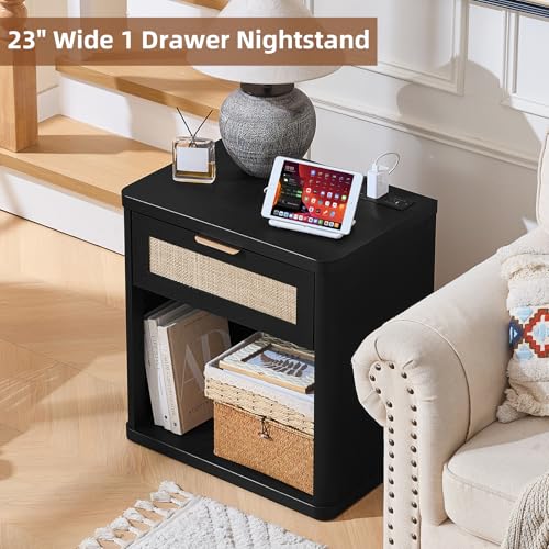 Image of LEYAOYAO Rattan Nightstands Set of 2 with Charging Station, Black Night Stand with Drawer, 23 inch Wide Boho Bedside Table with Storage Shelf, Bed Side End Tables for Bedroom, Living Room, Hallway