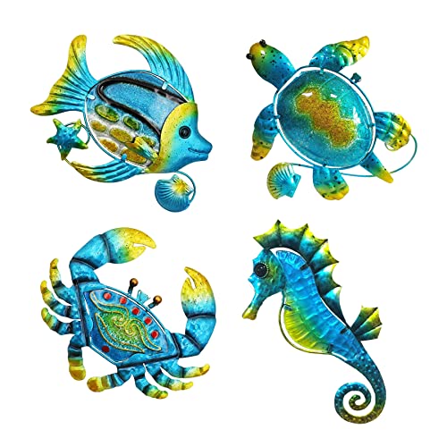 Beach Metal Wall Art Decor,Metal Ocean Sea Turtle Wall Decor for Bathroom Living Room Children Room,Tropical Sea Turtle Seahorse Crab Fish Wall Decor Outdoor Wall Sculptures For Patio Pool,4pcs(blue)