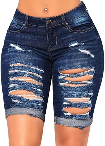 roswear Women&#39;s Distressed Knee Length Ripped Stretchy Jean Shorts