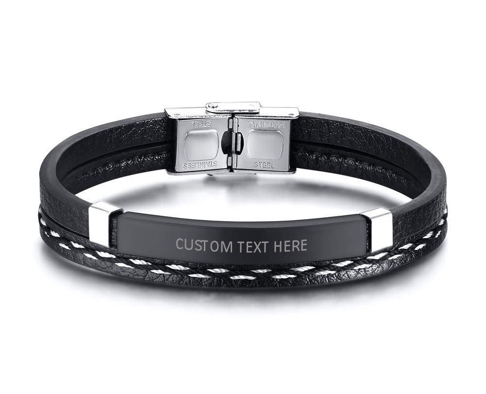 VNOX Trenzado de Cuero de PU Chapado en Negro Etiqueta de Identificación de Acero Inoxidable Pulsera Pulsera Brazalete para Hombres Niño