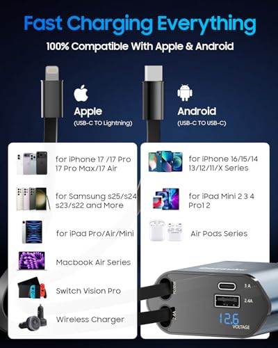 Retractable Car Charger for iPhone 17, 69W USB C 4 in 1 Fast Charging, Car Truck Accessories, Car Adapter, Road Trip Essentials Gift for Men Women, for iPhone 17 Pro Max Air 16 15 14 13, Galaxy, Pixel