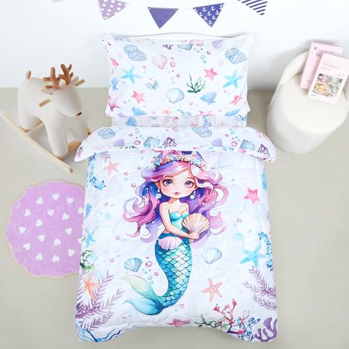 HNHUAMING Juego de ropa de cama para niñas, juego de cama de 4 piezas, ultra suave, transpirable, bohemio, con sábana encimera, edredón acolchado, sábana bajera y fundas de almohada, sirena